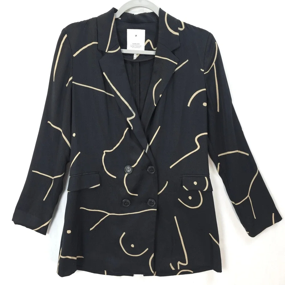 City Chic Abstract Blazer Lightweight Tencel Black Minimalist Art Jacket XS